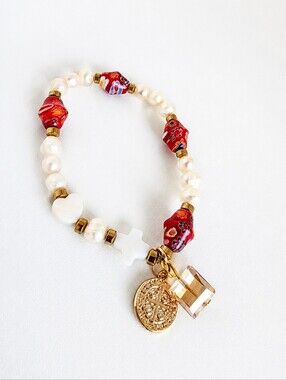 Baroque Freshwater Pearl Millefiori Charm Bracelet Gold Tone